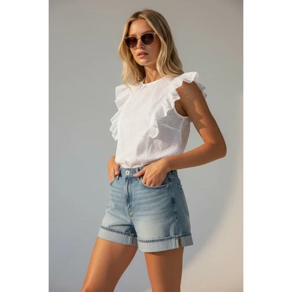 LOFT High Rise Cuffed‎ Denim Shorts Women Size 14 Light Wash Distressed - Picture 2 of 8